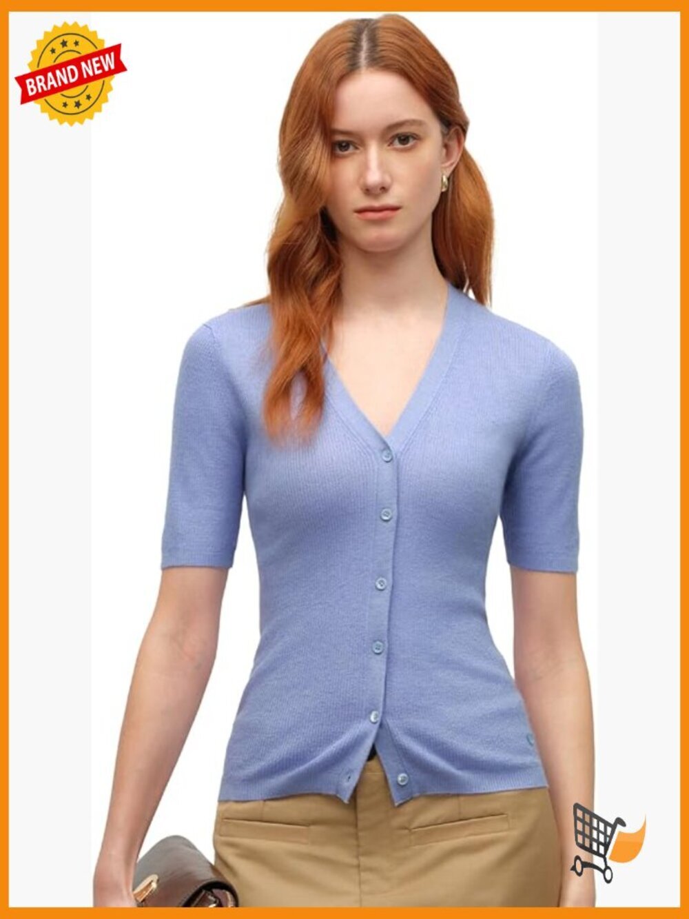 70% Cashmere 30% Silk V-Neck Ribbed Knit Cardigan Short Sleeve Lightweight